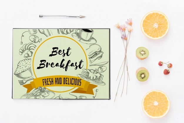 Open Notebook Mockup With Breakfast Concept Psd
