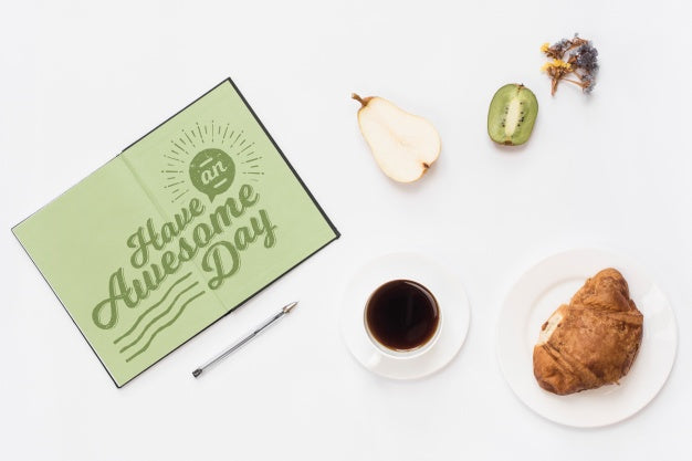 Open Notebook Mockup With Breakfast Concept Psd