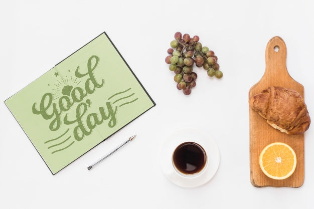 Open Notebook Mockup With Breakfast Concept Psd