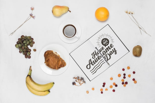 Open Notebook Mockup With Breakfast Concept Psd