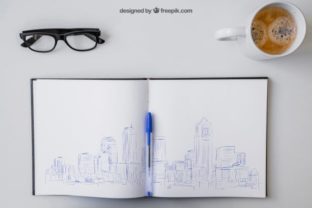 Open Notebook With Pen Drawing, Glasses And Coffee Psd