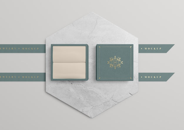 Opened Jewelry Box On Marble With Golden Symbol Psd