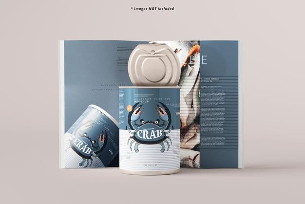 Opened Large Food Can And Magazine Mockup Psd