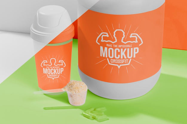 Orange Set Of Fitness Protein Powder And Pills Psd