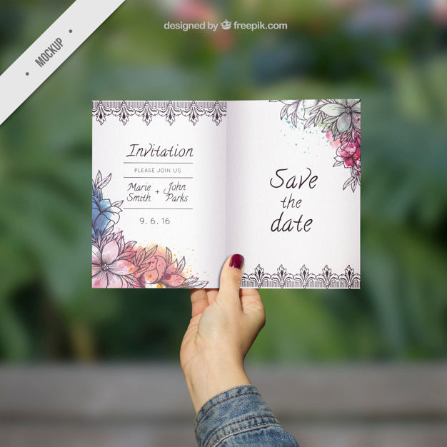 Ornamental Wedding Invitation Mockup With Watercolor Flowers Psd