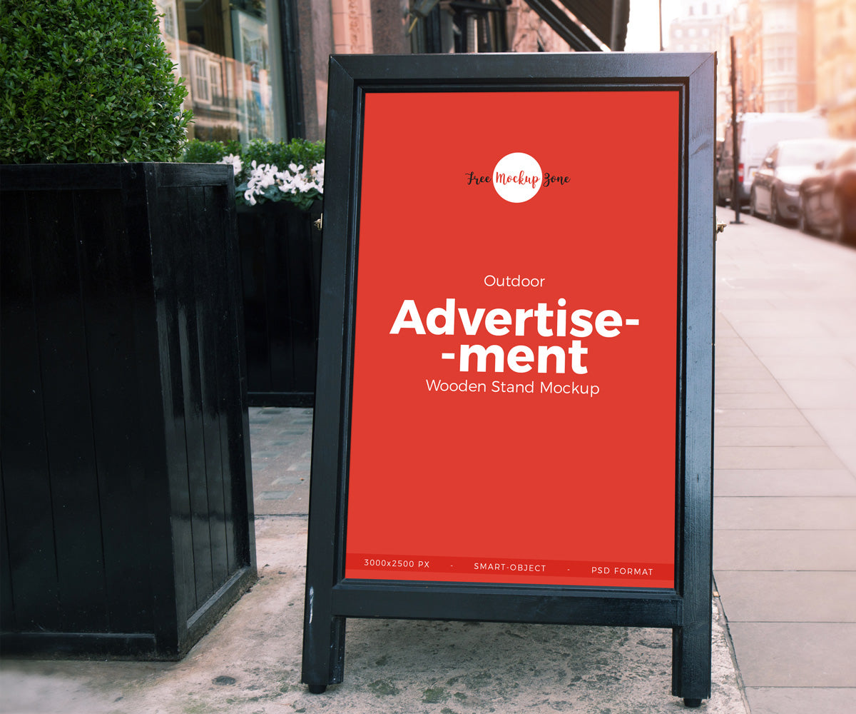 Outdoor Advertisement Wooden Banner Stand Mockup Psd