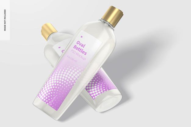 Oval Bottles With Disc Top Cap Mockup, Leaned And Dropped Psd