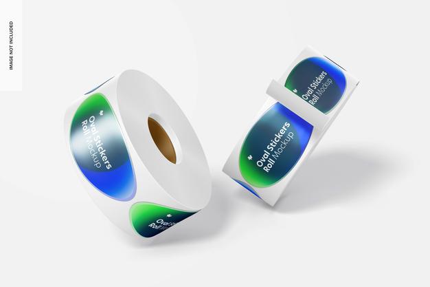 Oval Stickers Rolls Mockup, Falling Psd
