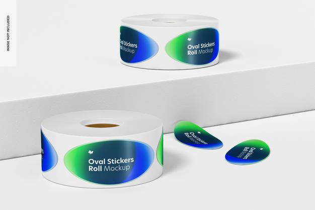 Oval Stickers Rolls Mockup, Front View Psd