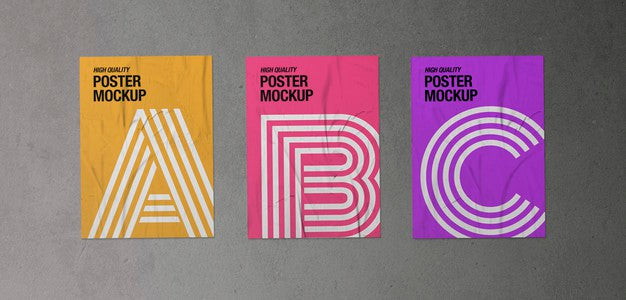 Pack Of Three Crumpled Posters Mockup Psd