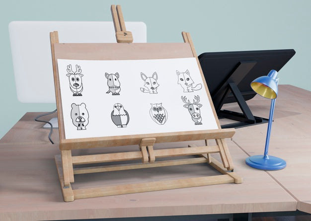 Painting Support On Desk With Lamp Beside Psd