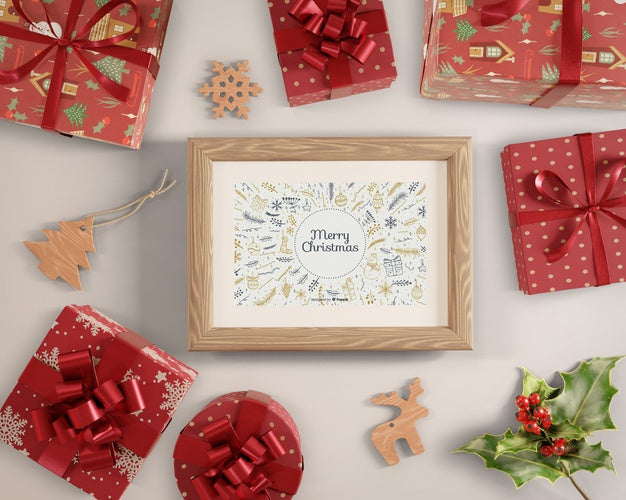 Painting With Christmas Theme Surrounded By Gifts Psd