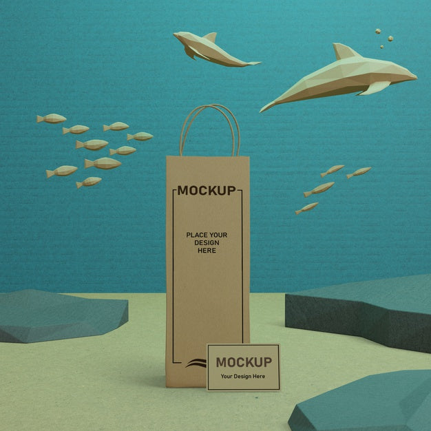 Paper Bag And Sea Life Underwater With Mock-Up Psd