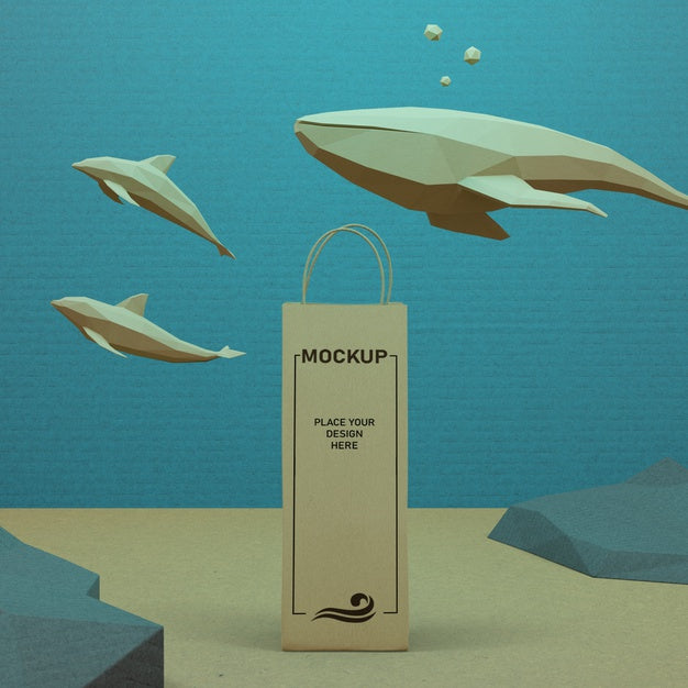 Paper Bag And Sea Life Underwater With Mock-Up Psd