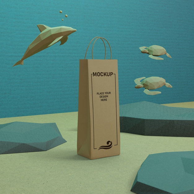 Paper Bag And Sea Life Underwater With Mock-Up Psd