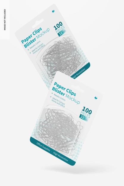 Paper Clips Blisters Mockup, Falling Psd