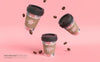 Paper Coffee Cups And Beans In Gravity Mockup Psd