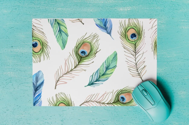 Paper Mockup With Peacock Feathers Drawing Psd