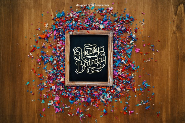 Party Composition With Slate And Confetti Psd