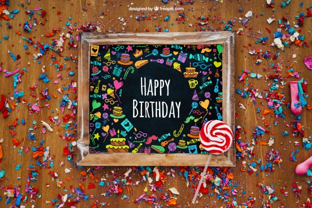 Party Composition With Slate, Lollipop And Confetti Psd