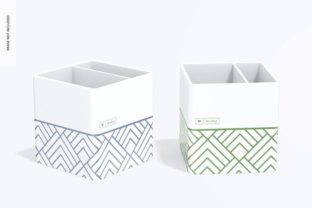 Pen Holder With Kraft Notebook Mockup, Perspective Psd