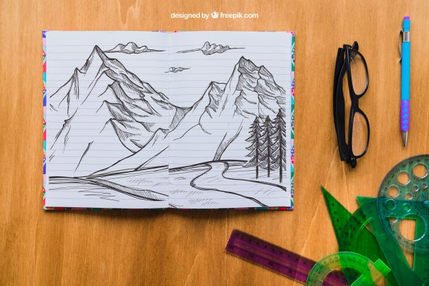 Pencil Drawing Of Mountains With Glasses, Pen And Straightedges Psd