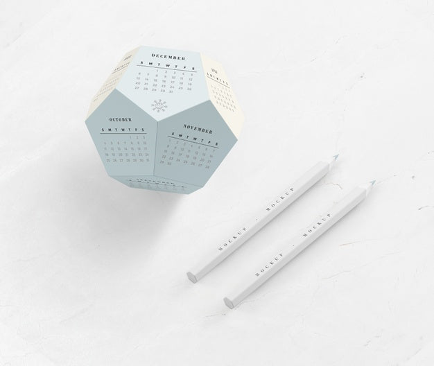 Pencils And Calendar In Hexagon Shape Mock-Up Psd