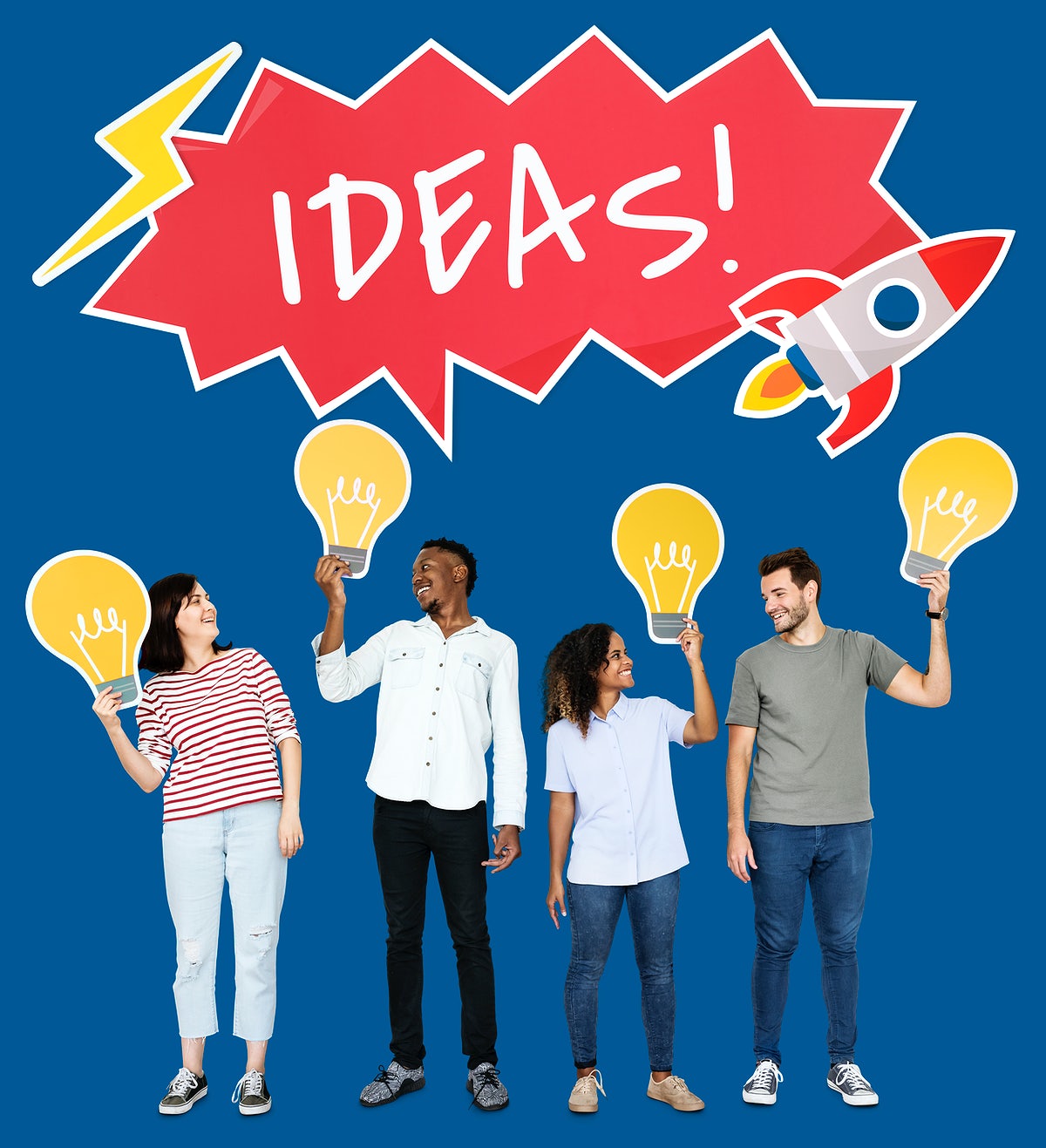 People Holding Startup Ideas And Light Bulb Cardboard Cutouts