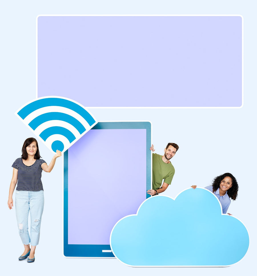 People Holding Wifi, Mobile And Cloud Cardboard Cutouts