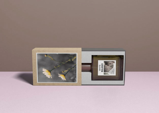 Perfume Container On Table With Box Psd