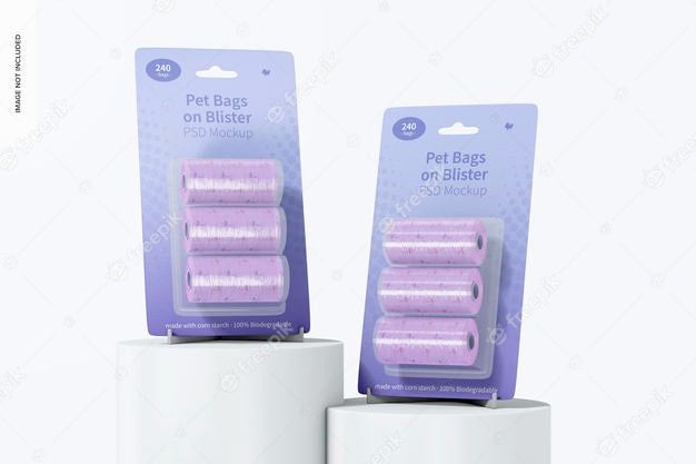 Pet Bags On Blister Mockup, Perspective View Psd