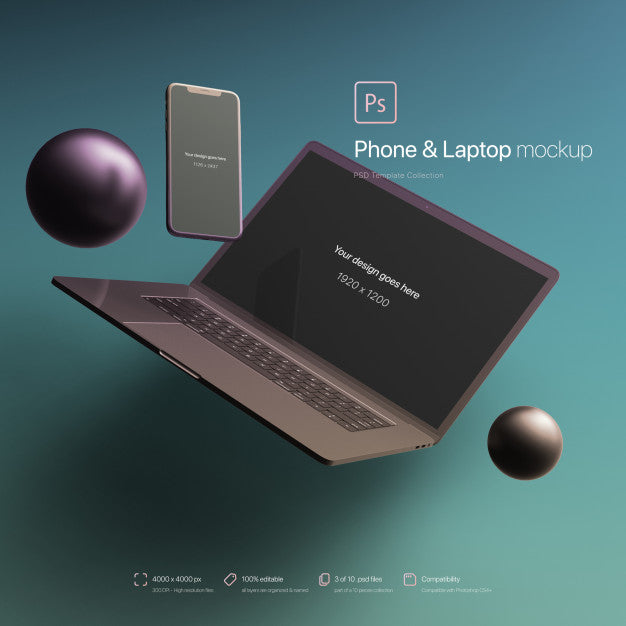 Phone And Laptop Floating In An Abstract Environment Mockup Psd