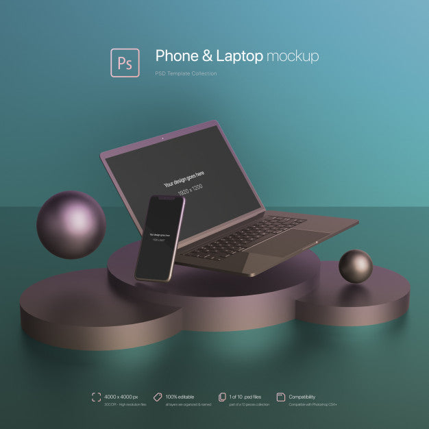 Phone And Laptop Floating In An Abstract Scene Mockup Psd