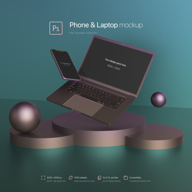 Phone And Laptop Floating In An Abstract Scene Mockup Psd