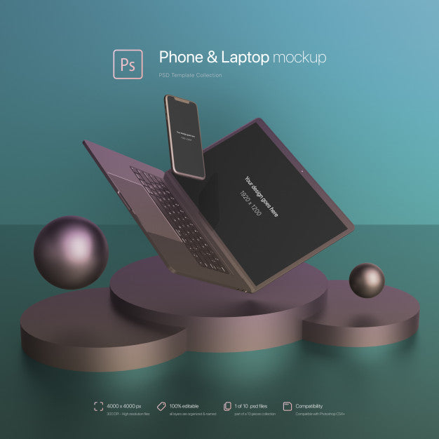 Phone And Laptop Flying In An Abstract Scene Mockup Psd