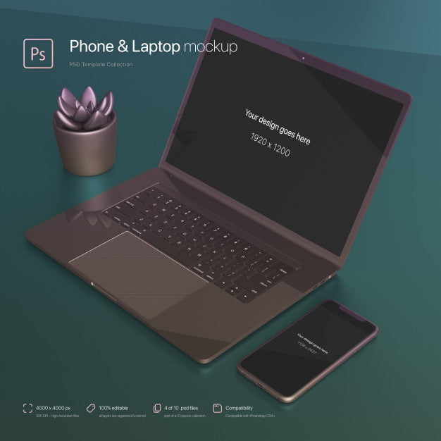 Phone And Laptop Setting Over An Abstract Desktop Mockup Psd
