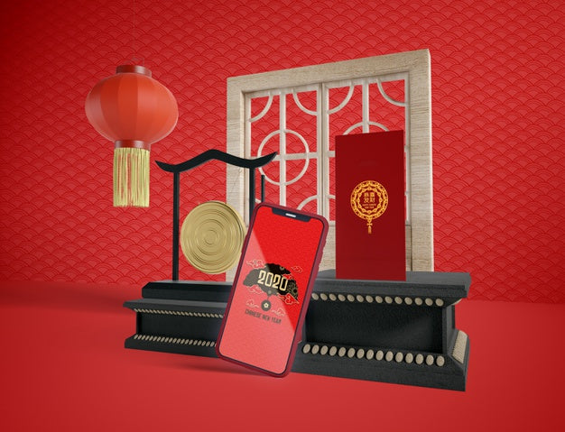 Phone Mock-Up With Chinese New Year Traditional Objects Psd