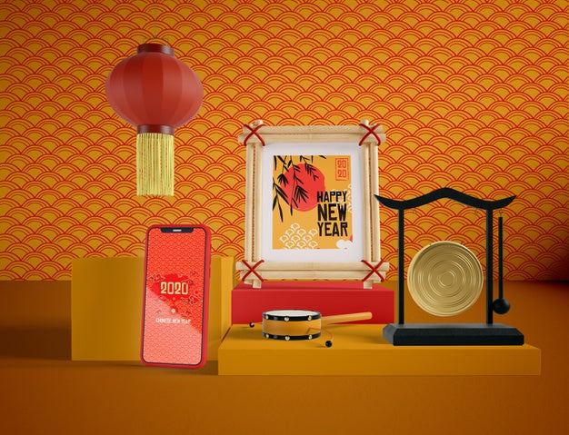 Phone Mock Up With Chinese Traditional Objects Psd