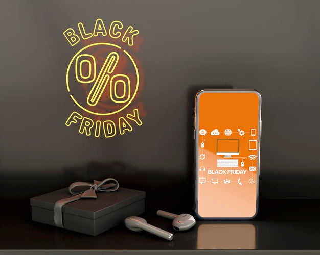 Phone Mock-Up With Earbuds And Yellow Neon Lights Psd