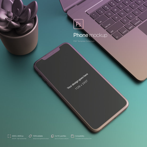 Phone Setting Next To A Laptop At An Abstract Desktop Mockup Psd