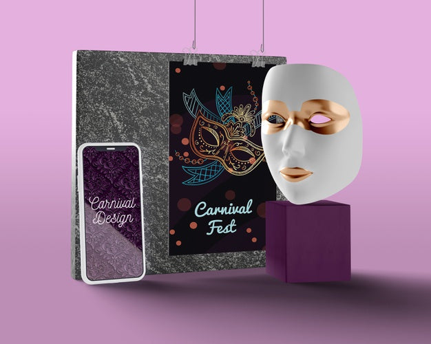 Phone With Carnival Design Beside Mask Psd