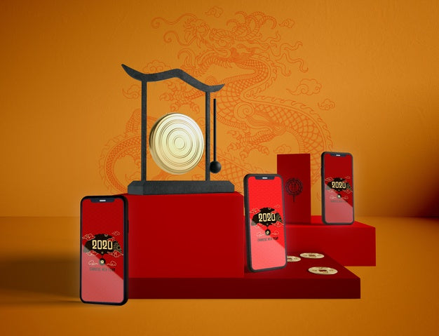 Phones Mock Up On Chinese New Year Background Psd