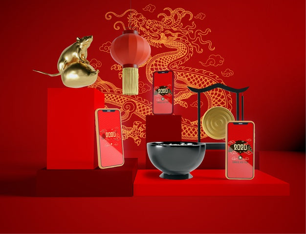 Phones Mock-Up With Chinese New Year Objects Psd