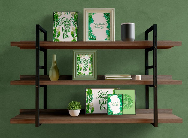 Photo Frames Mock-Up On Shelfs Psd