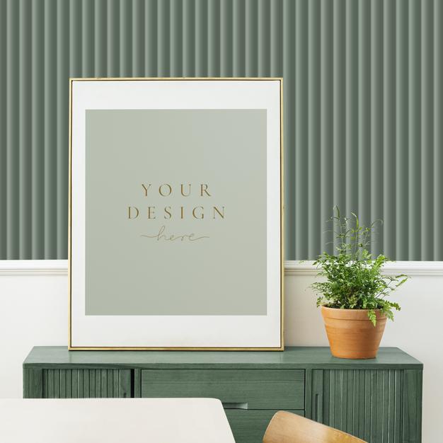 Picture Frame Mockup On A Green Wooden Cabinet Psd