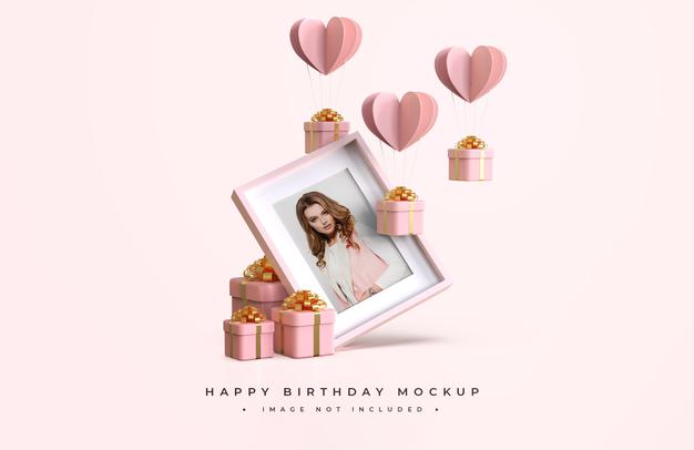 Pink And Gold Happy Birthday Mockup Psd