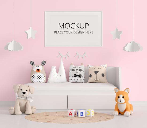 Pink Child Bedroom With Frame Mockup Psd