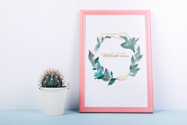 Pink Frame Mockup With Decorative Cactus Psd
