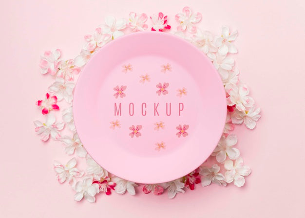 Pink Plate Mockup Surrounded By Jasmine Flowers Psd