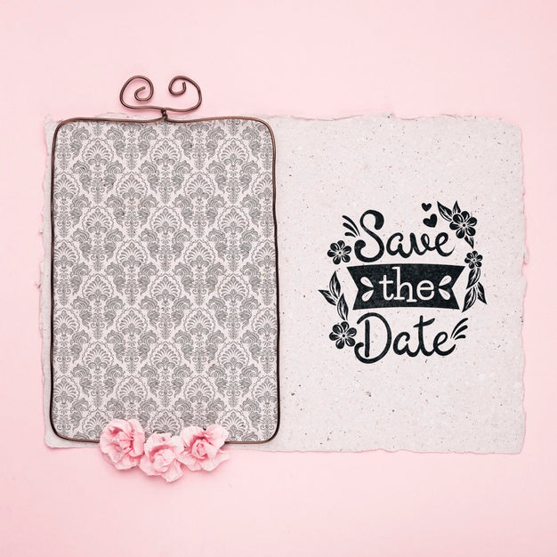 Pink Roses And Frame For Save The Date Mock-Up Psd
